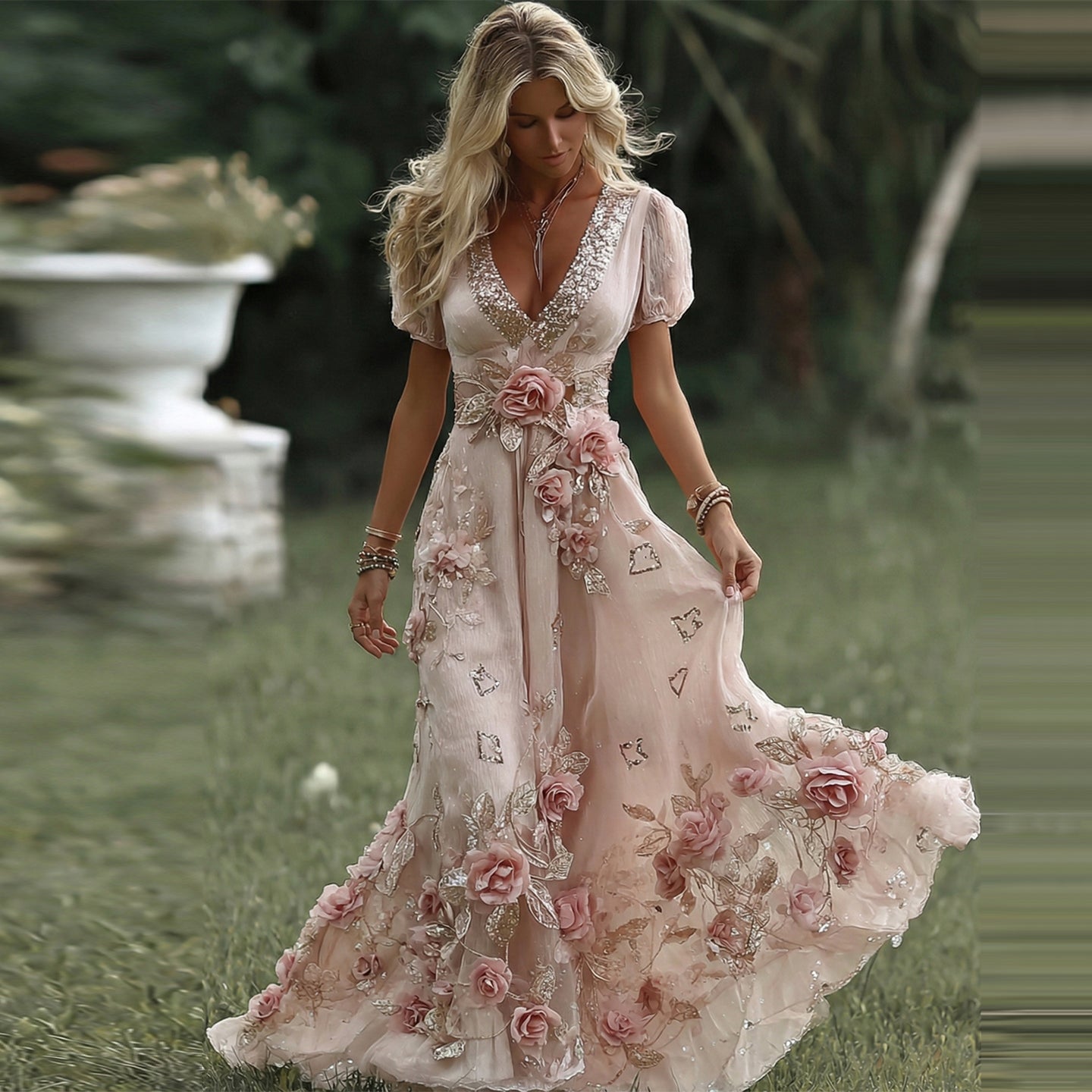 Women's Vintage Pink Rose Embroidered Art Pattern V-neck Short Sleeve Midi Dress elevenforest