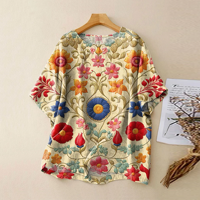 Comstylish Vintage Bohemian Ethnic Colorful Floral Linen Art Print Short Sleeve Round Neck Shirt