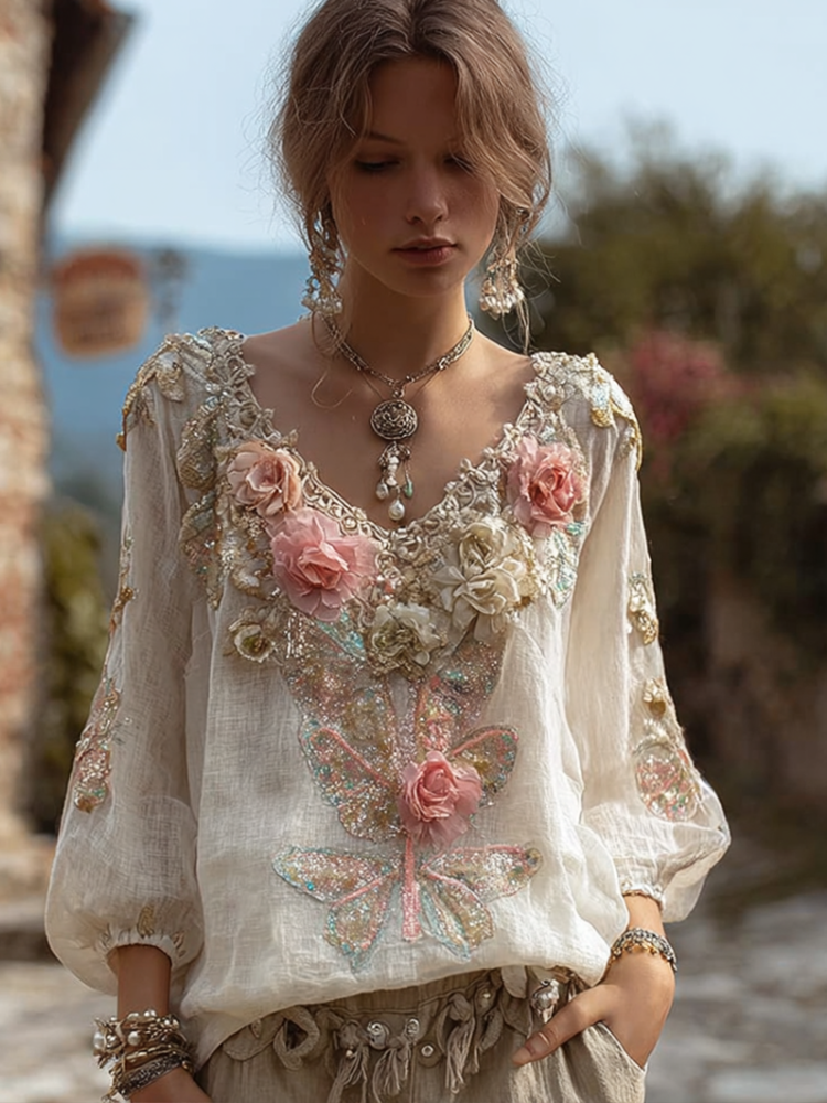 Comstylish Bohemian Style V-neck Butterfly And Flower Embroidery Cotton And Linen Short Sleeve