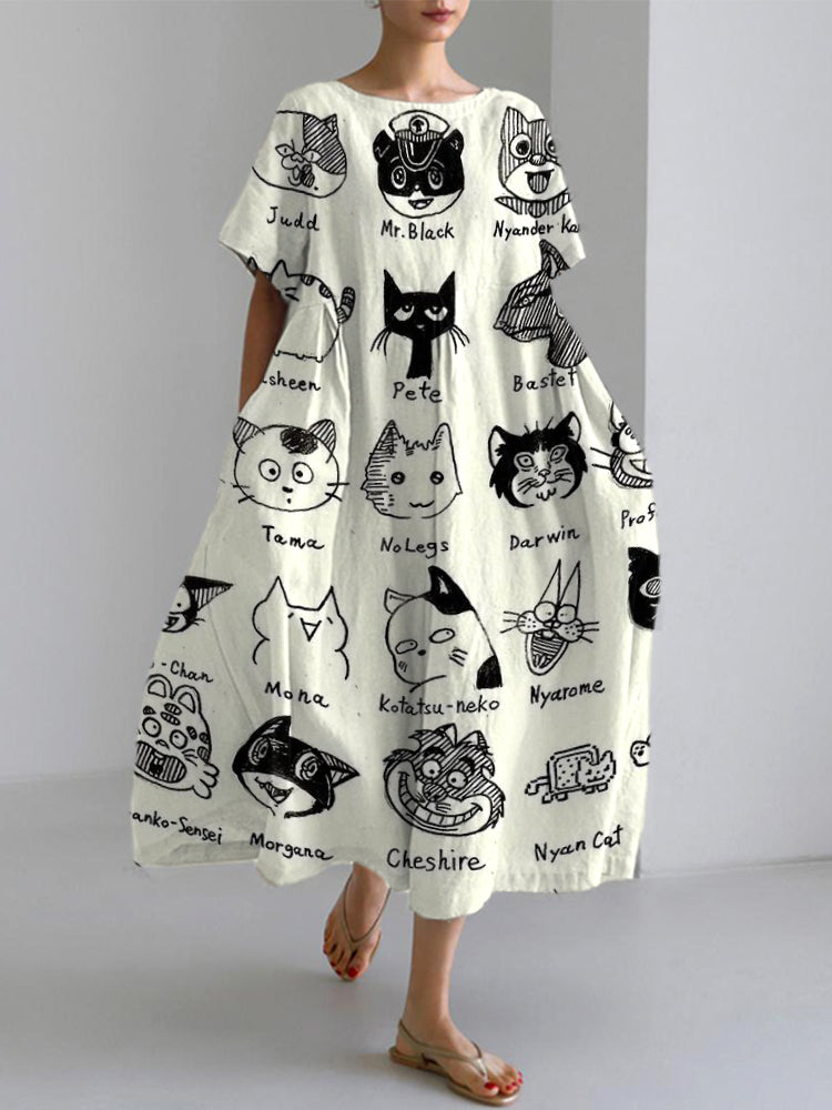 Comstylish Cute Black Cat Print Linen Blend Maxi Dress