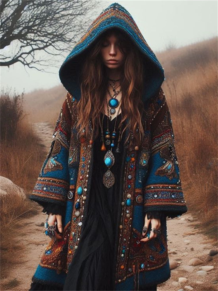 Vintage Western Ethnic Aztec Beaded Cozy Hooded Cardigan elevenforest