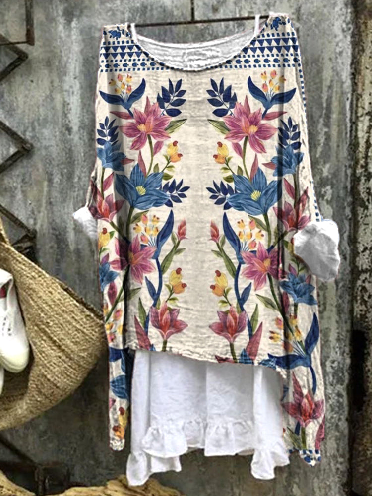 Vintage Floral Art Pattern Linen Loose Long Shirt
