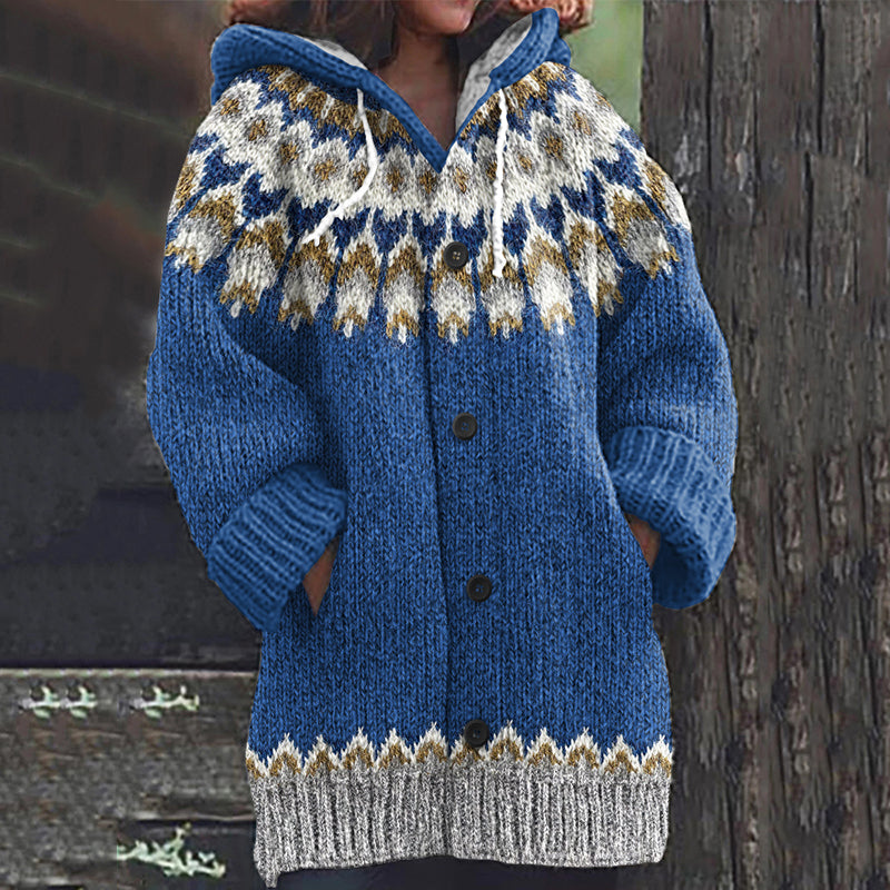 Vintage Iceland Knitted Print Hooded Cardigan Sweater artswardrobe