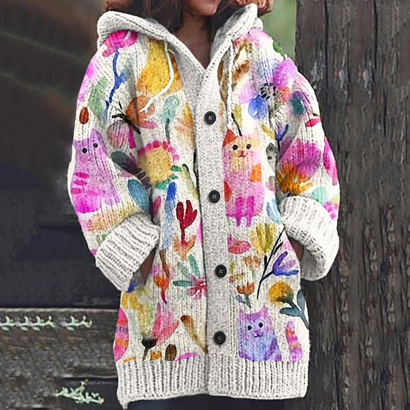 Women's Colorful Floral And Cat Art Hooded Cardigan Sweater artswardrobe