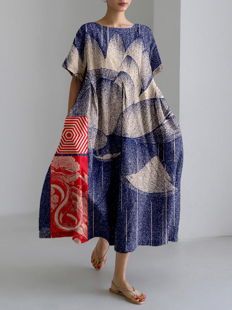 Comstylish Vintage Lotus Flower Art Linen Blend Maxi Dress