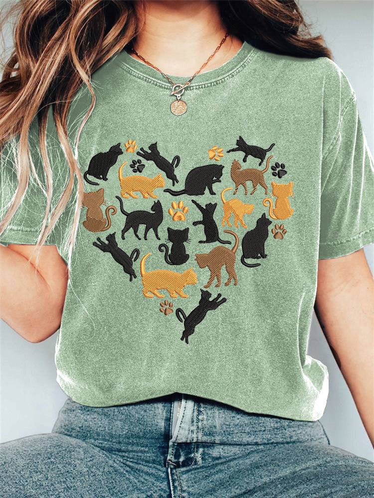Love Cat Embroidery Printed T-shirt elevenforest