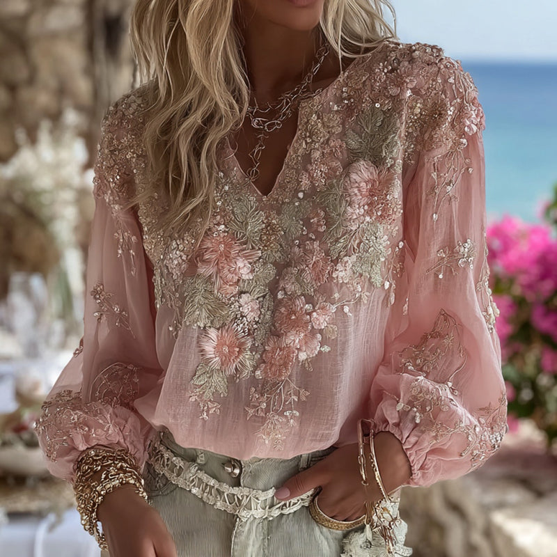 Comstylish Women's Elegant Pink Floral Embroidery Art V-neck Long Sleeve Blouse