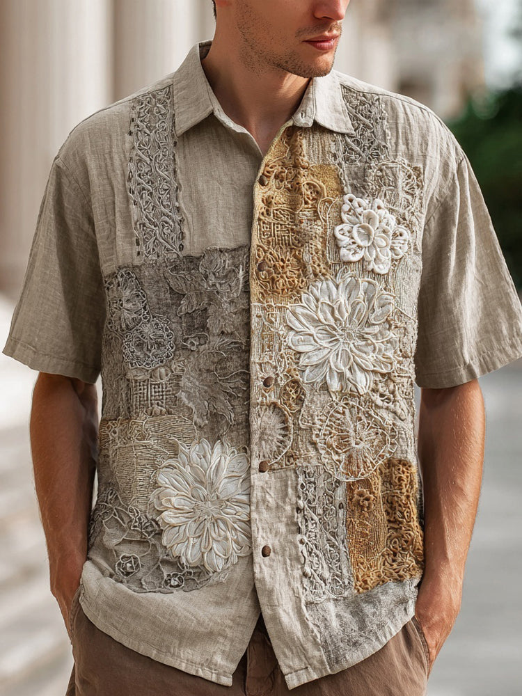 Men's Boho Floral Lace Embroidered Patchwork Linen Shirt artswardrobe
