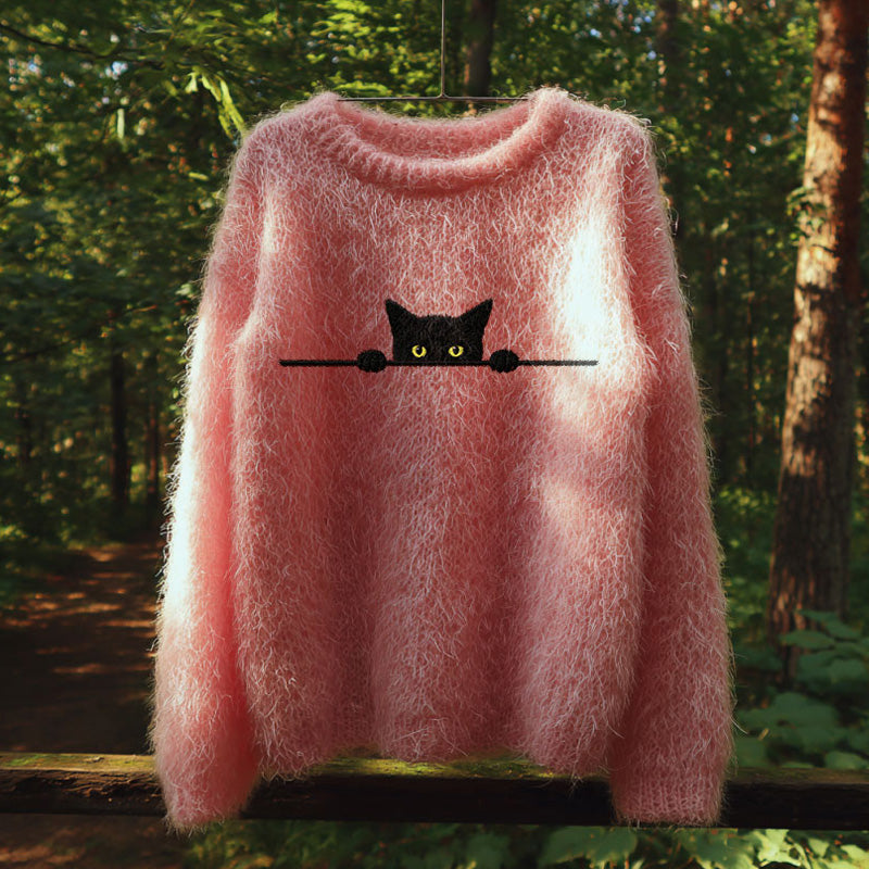 Comstylish Retro Casual Pink Awareness Black Cat Embroidered Sweater