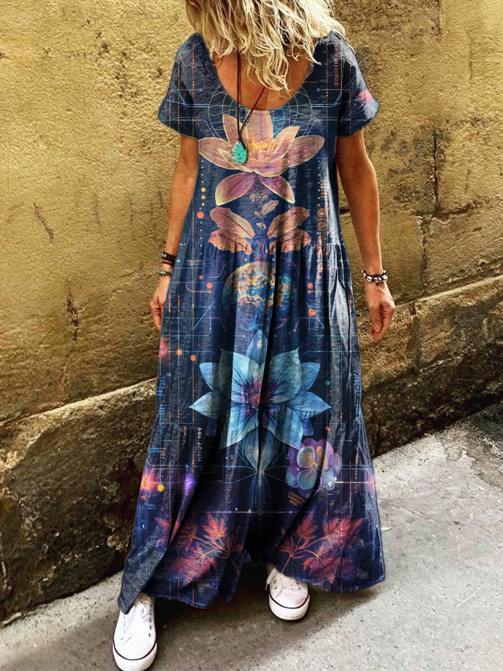 Women's Hippie Floral Art Print Pocket Short Sleeve Cotton Dress