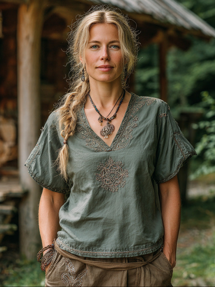 Forest Plant And Flower Short-sleeved V-neck Top artswardrobe
