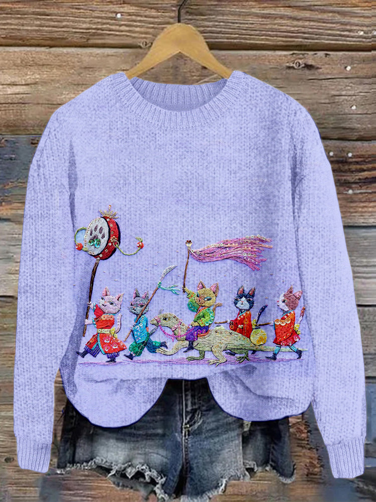 Comstylish Cute Japanese Cats Art Embroidered Cozy Sweater