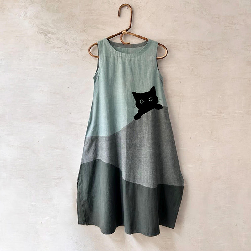 Comstylish Women's Cute Black Cat In Contrast Color Design Midi Dress