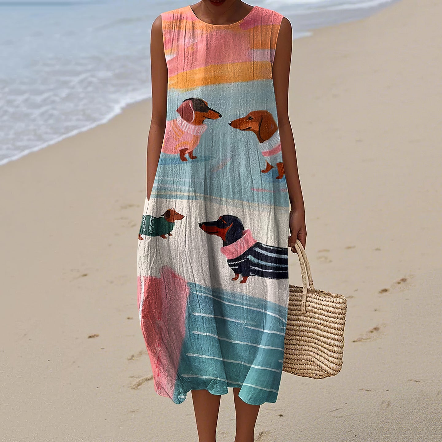 Retro Cute Dachshund Sausage Dog Art Linen Tank Midi Dress artswardrobe