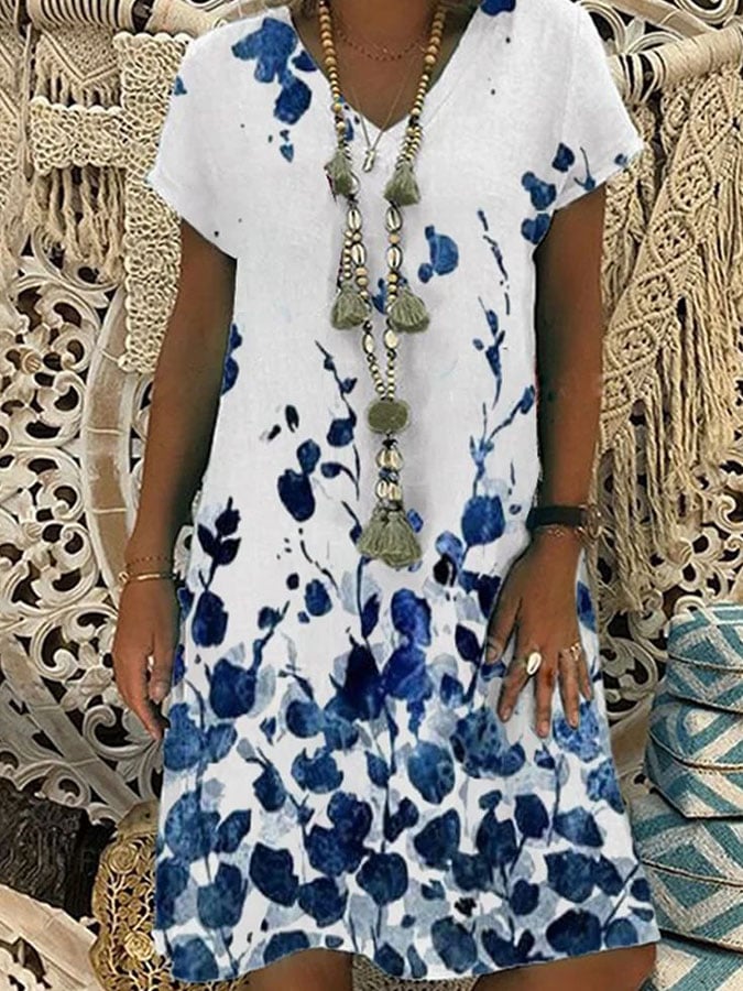 Women's Casual Loose V- Neck Short Sleeve Dress