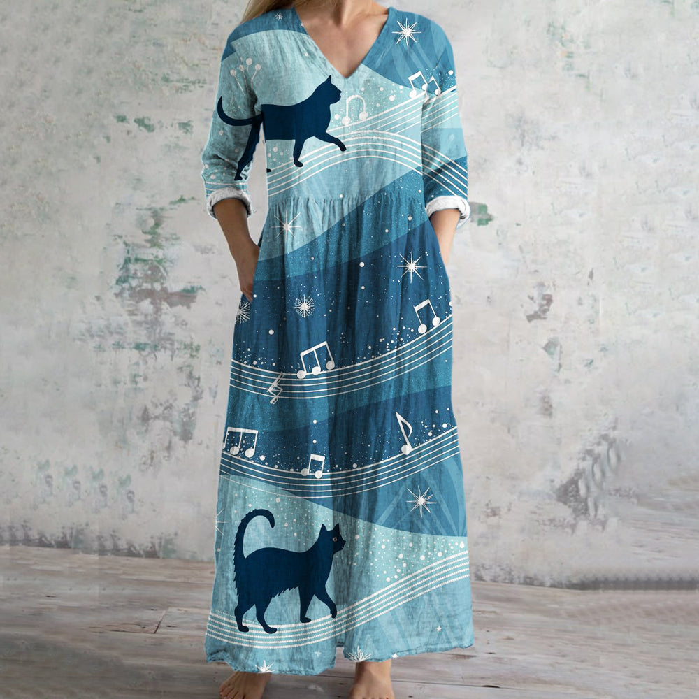 Comstylish Music & Cat Print Women's Linen Maxi Dress