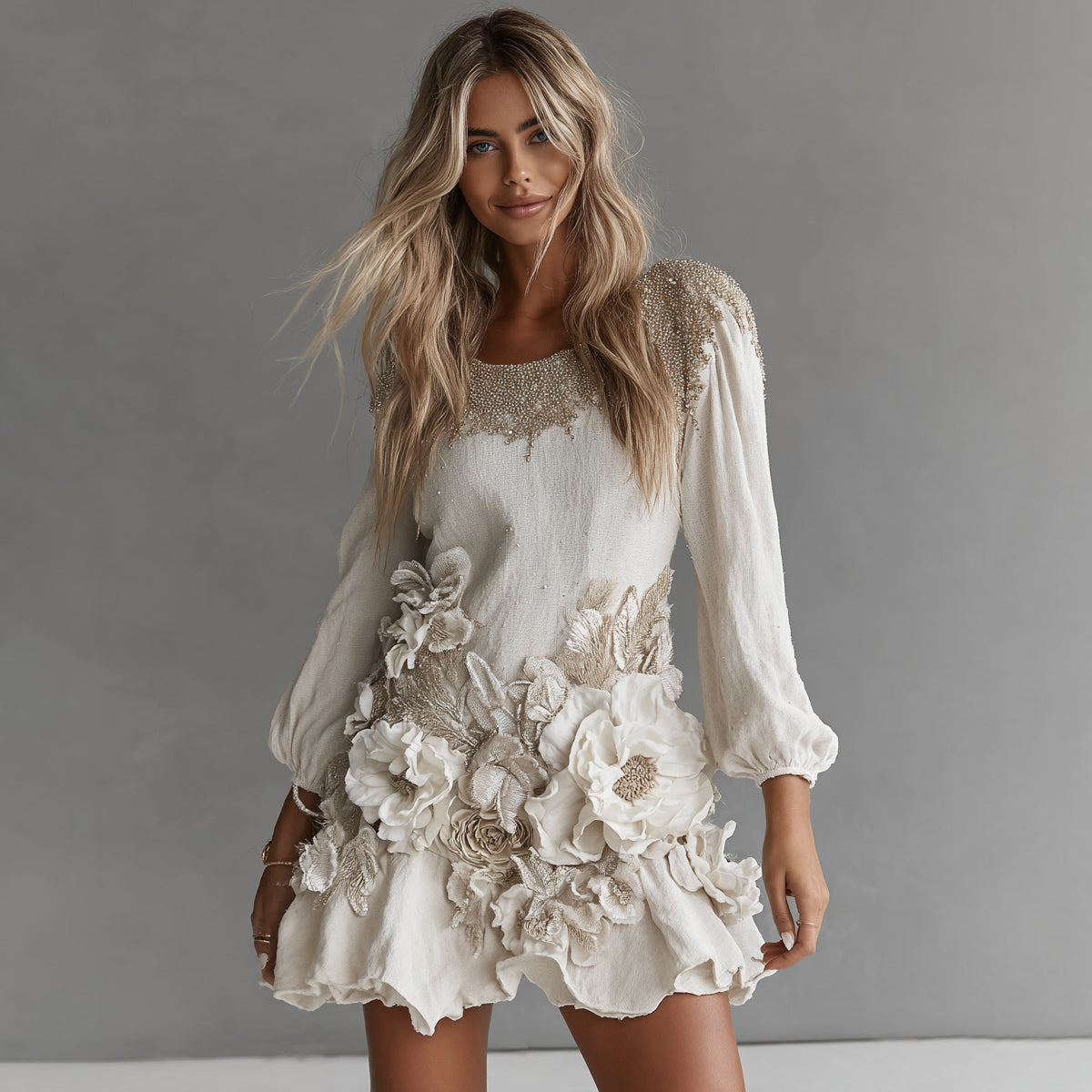 Women's Vintage Boho Floral Linen Art Midi Dress