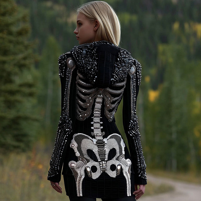 Comstylish Women's Vintage Halloween Skull Gothic Art Knit Zipper Hooded Sweater