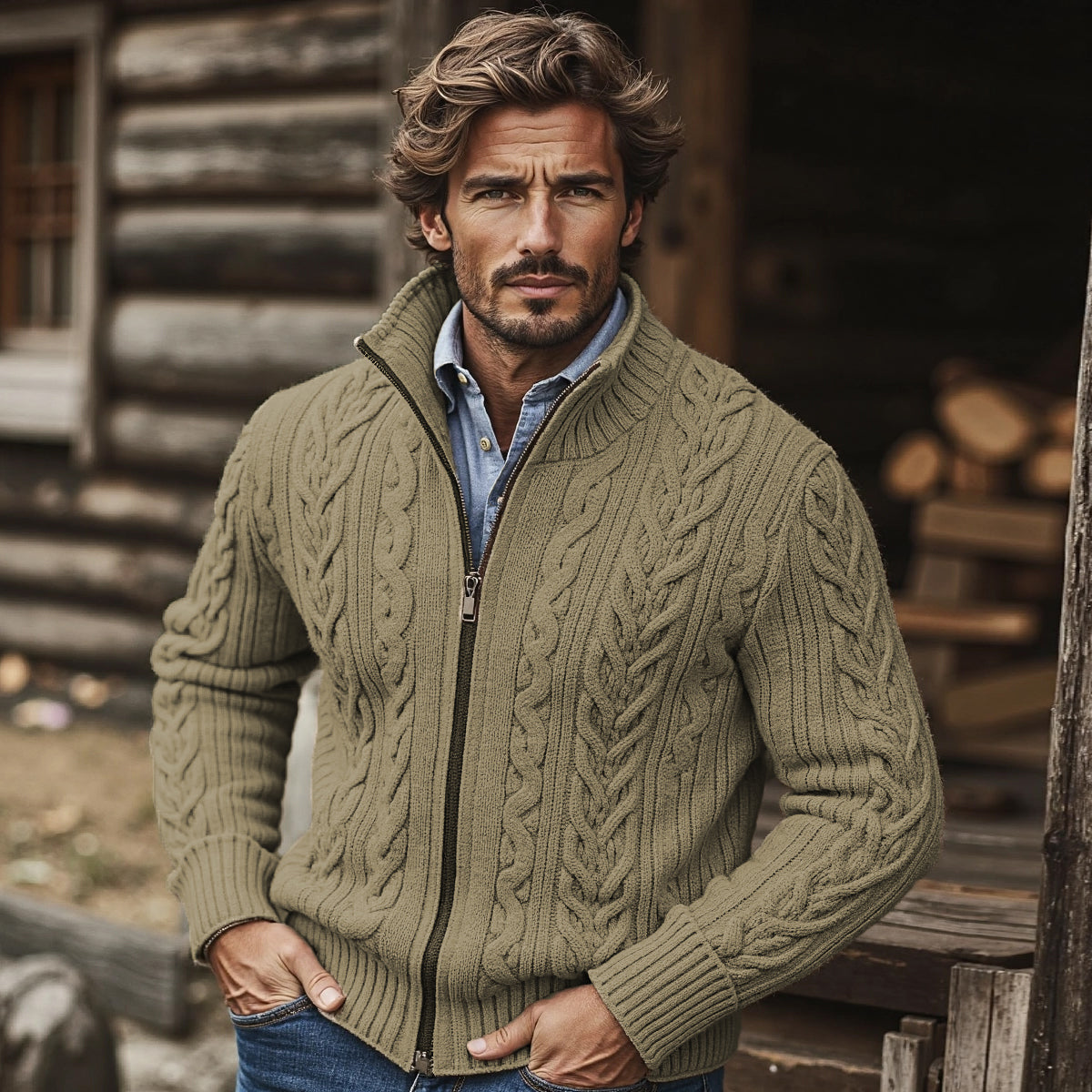 Men'S Burlap Pattern Stand Collar Zipper Sweater artswardrobe