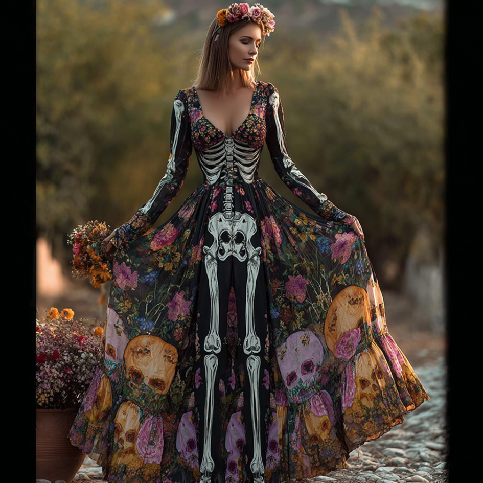 Comstylish Halloween Plant Flower And Skeleton Bone Pattern Combined Design Women Long Cotton And Linen Dress