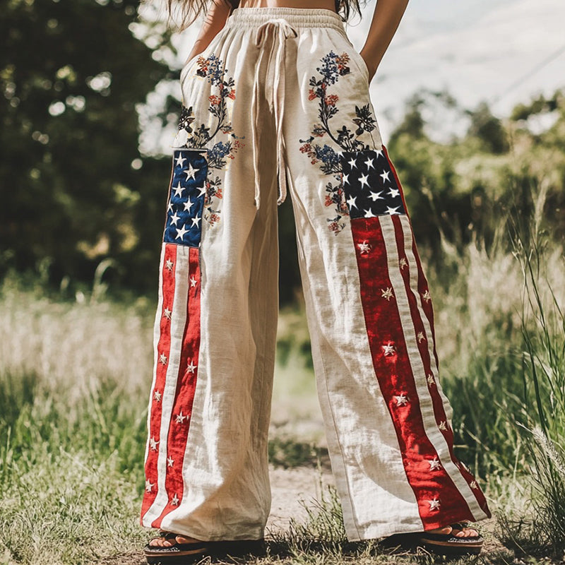 Women's Vintage Independence Day Floral Embroidery Patchwork Design Linen Wide Leg Pants artswardrobe