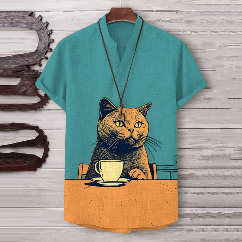 Men's British Short Hair Cat Chilling With Coffee Print Cotton And Linen V Neck T-Shirt elevenforest