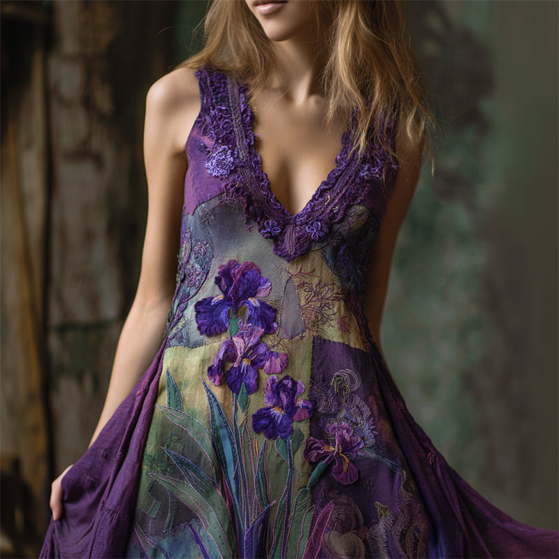 Purple Irises Fiber Art Embroidered Lace Patchwork Linen Dress