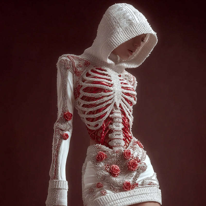 Comstylish Women's Skeleton Roses Art Cozy Knit Hooded Mini Sweater Dress