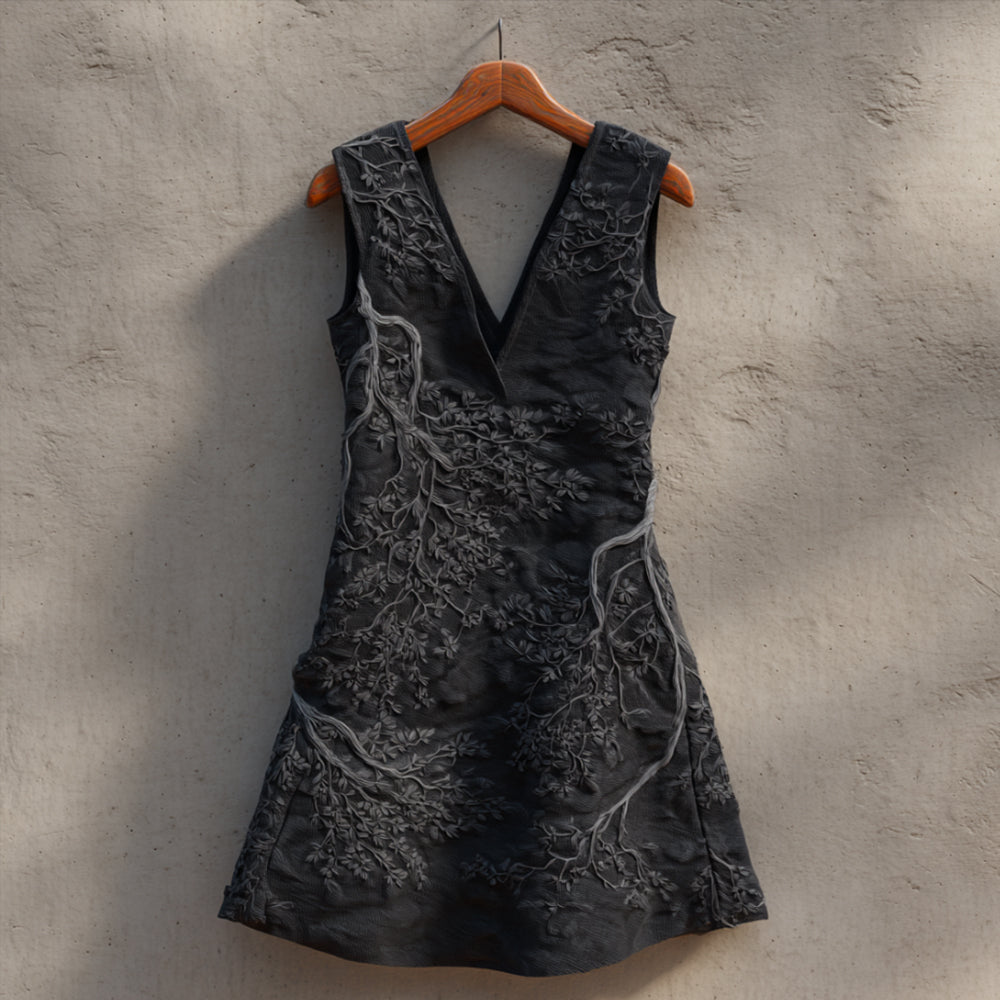 Tree-patterned Three-dimensional Embroidered Sleeveless V-neck Long Dress artswardrobe