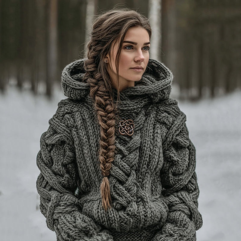 Women's Vintage Celtic Knot Art Knit Aran Hooded Sweater elevenforest