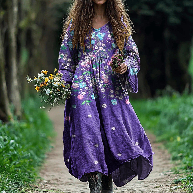 Vintage Boho Purple Floral Art Linen Blend Maxi Dress artswardrobe