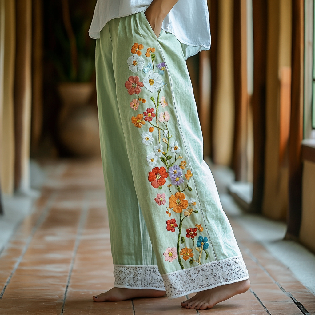 Retro Boho Floral Lace Embroidery Art Linen Wide Leg Pants artswardrobe
