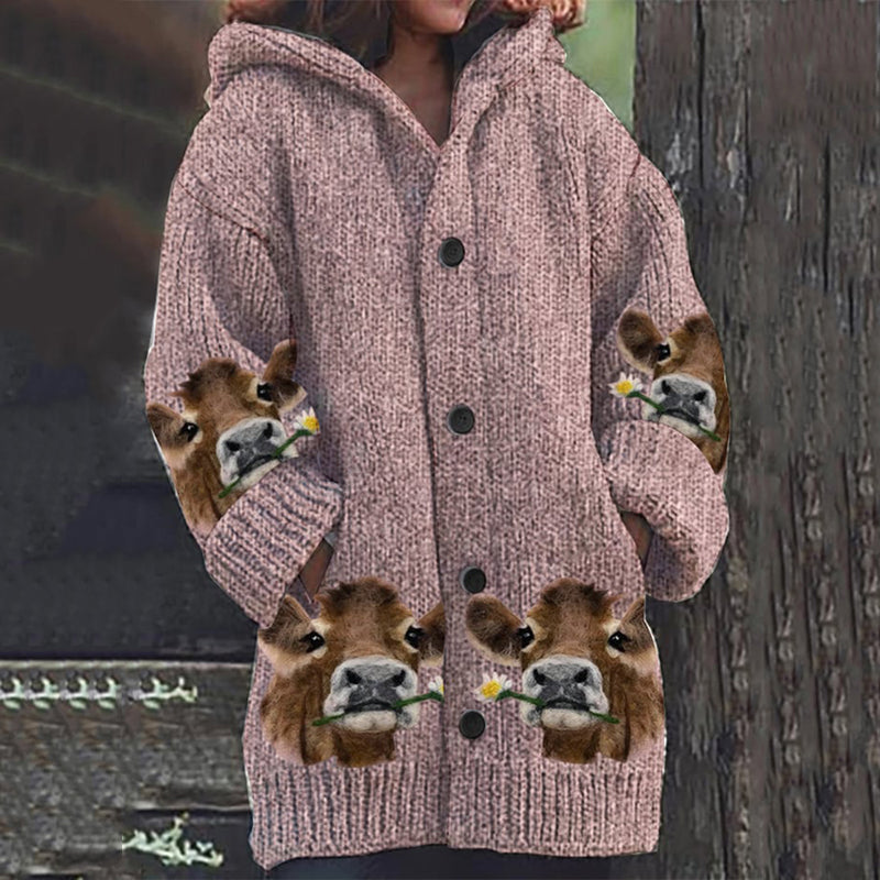 Women's Animal Highland Cow And Floral Knitted Cardigan artswardrobe
