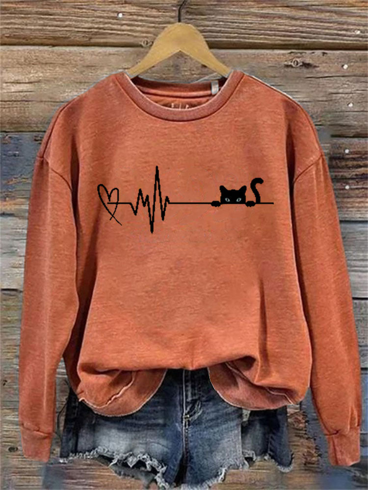 Funny Heart Black Cat Print Sweatshirt elevenforest