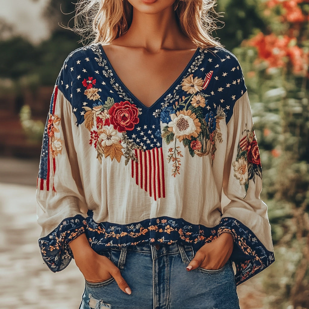 Comstylish Vintage American Flag Floral Pattern Cotton And Linen V-neck Shirt