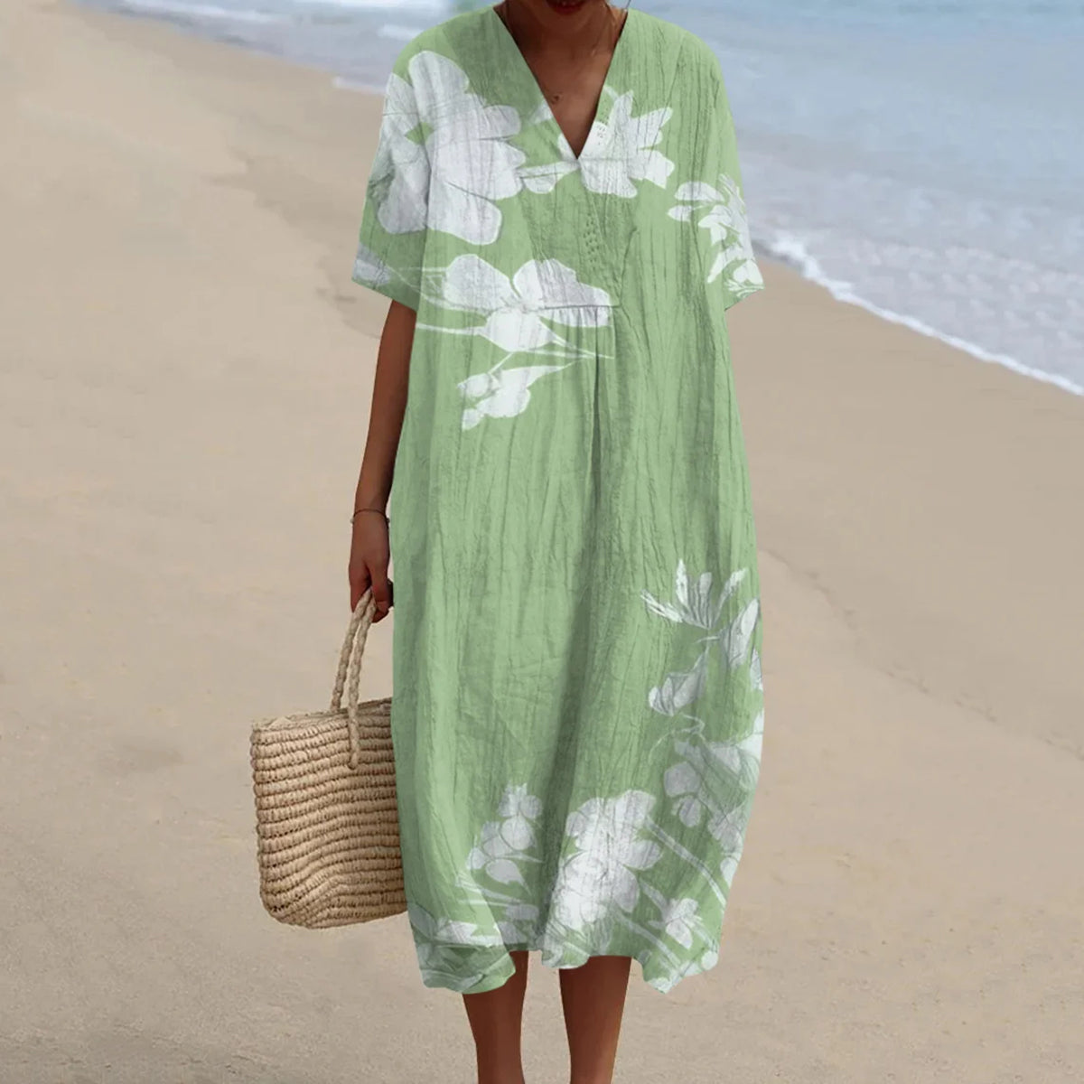 Women's Floral Art V-neck Cotton Linen Comfy Maxi Dress artswardrobe