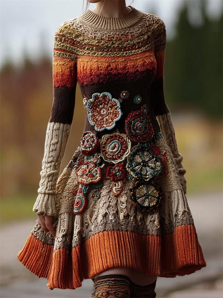 Comstylish Boho Floral Crochet Sunset Colorblock Knit Sweater Dress