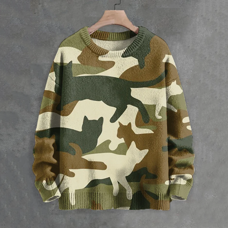 Men's Cats Camouflage Print Knit Crew Neck Sweater elevenforest