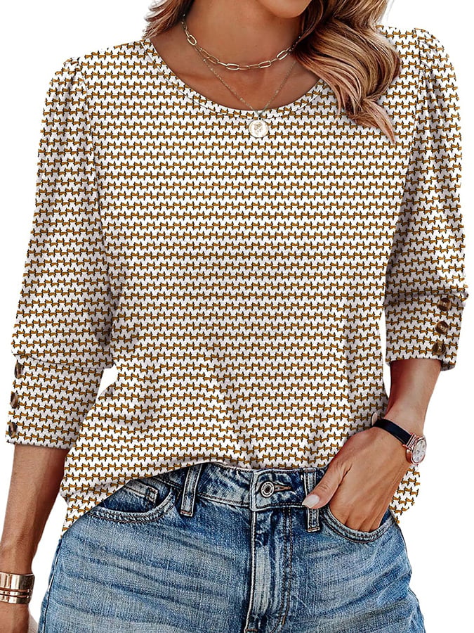 Women's casual three-quarter sleeve buttoned round neck T-shirt