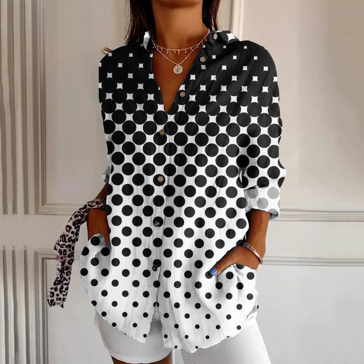 Comstylish Women's Black And White Polka Dot Art Button Shirt