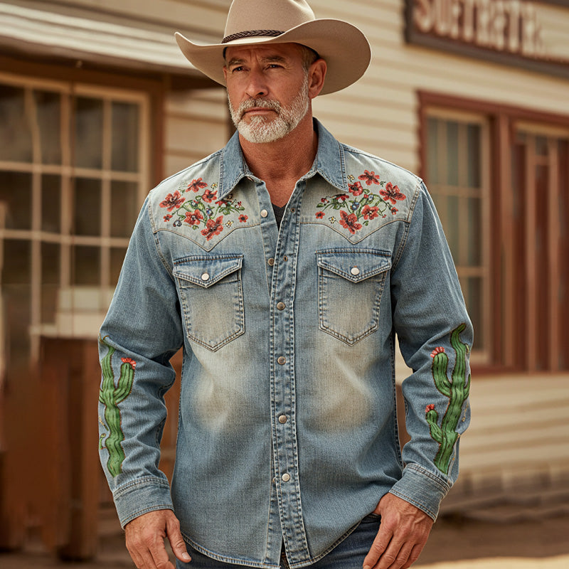 Men's Vintage Faded Denim Western-style Embroidered Printed Shirt artswardrobe