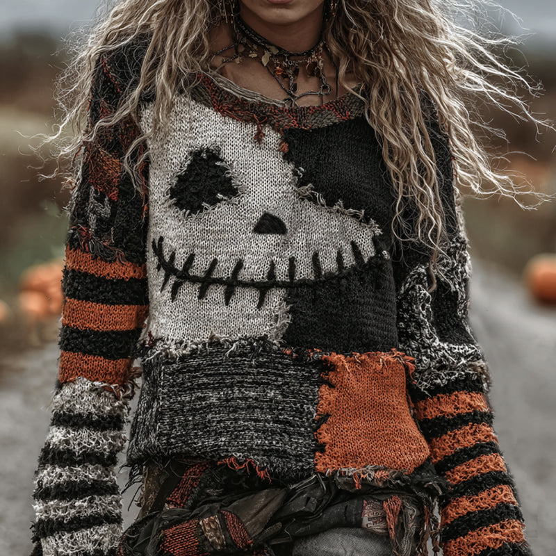 Halloween Pumpkin Face Art Cozy Knit Sweater artswardrobe