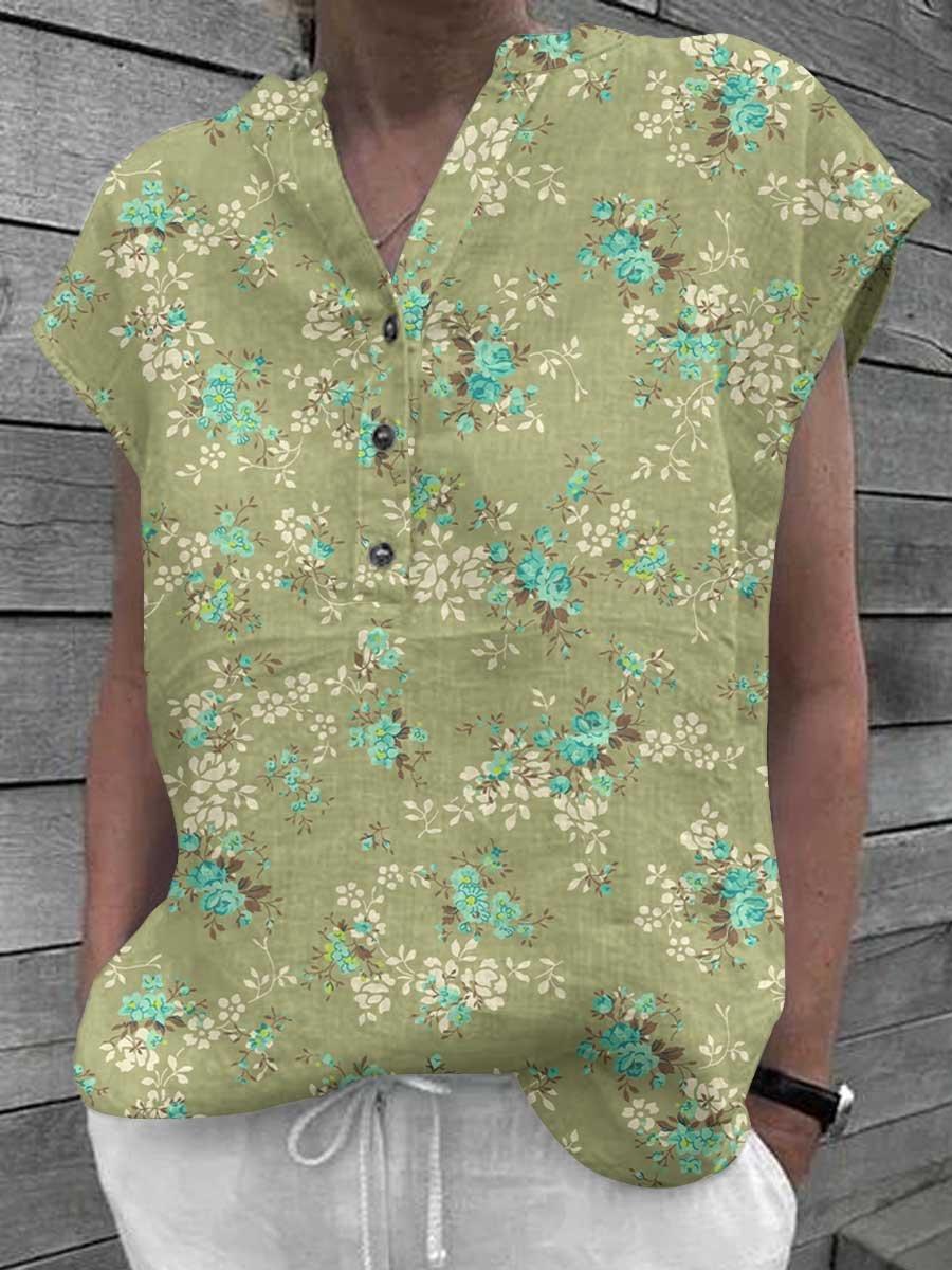 Women's Elegant Floral Classic Cotton and Linen Top