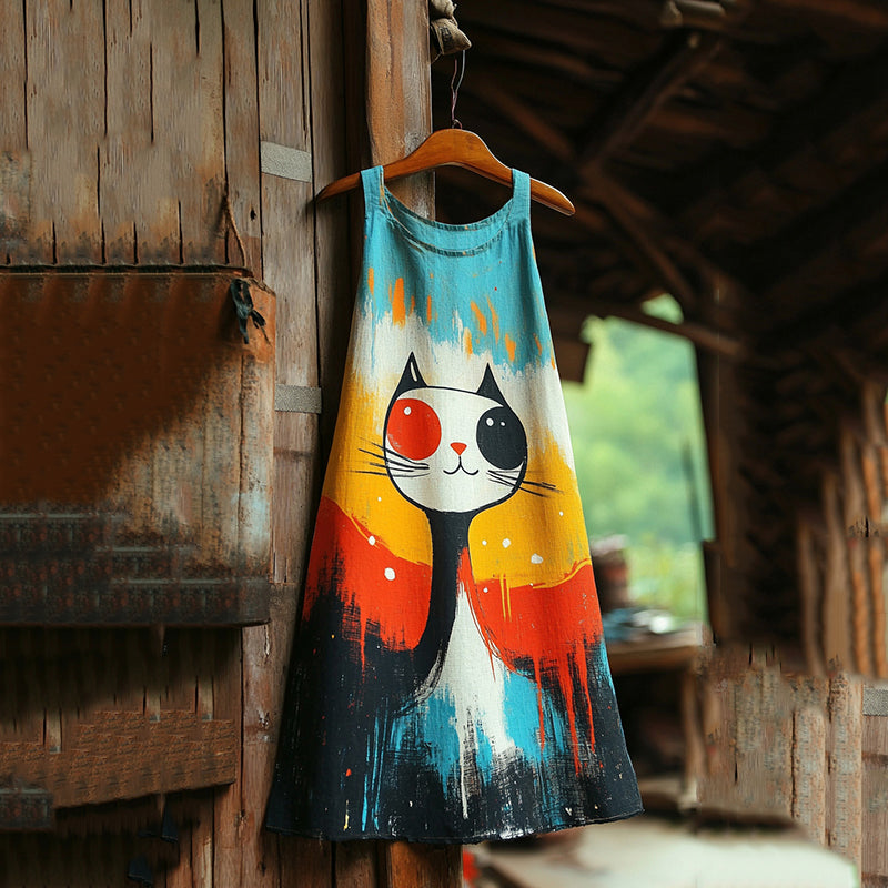Pop Art Oil Painting Cat Cotton Linen Dress elevenforest