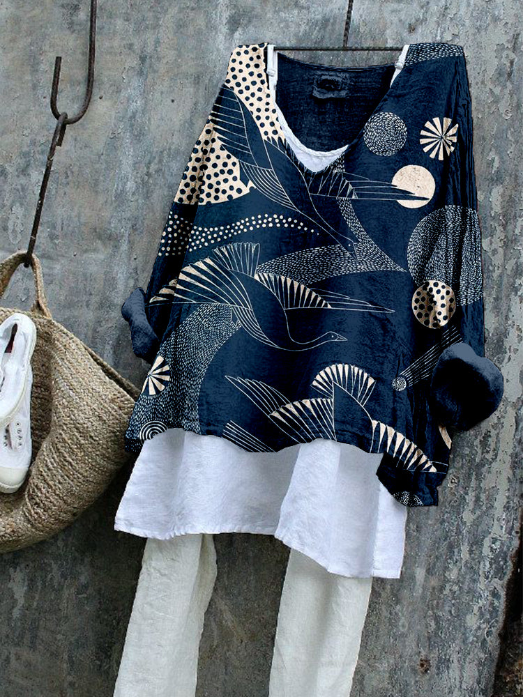 Comstylish Vintage Cranes Japanese Art Linen Blend Tunic