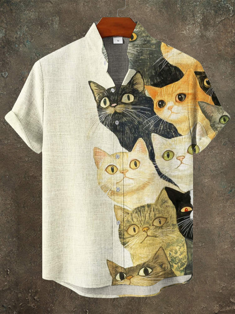Vintage Japanese Cat Print Men's Linen Short Sleeve Shirt elevenforest