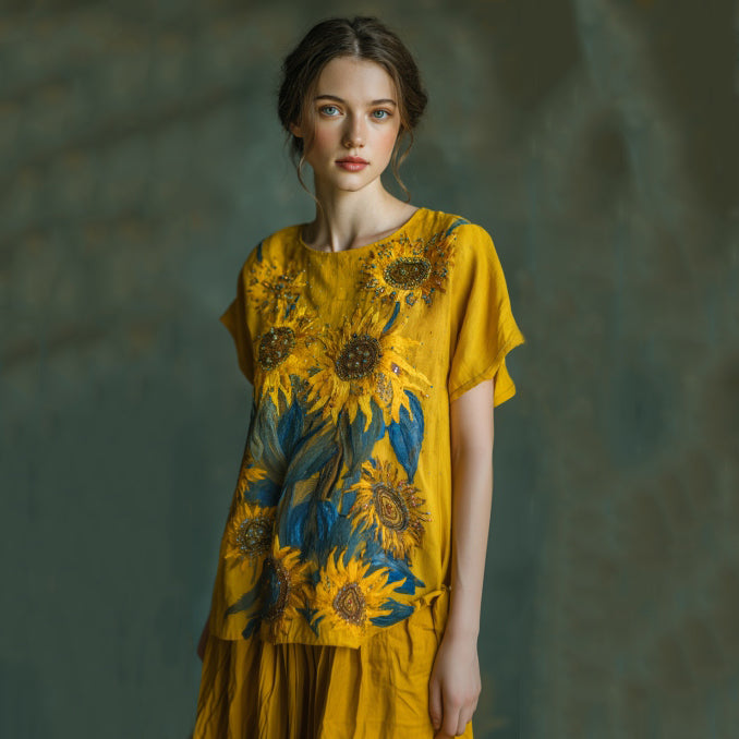 Sunflower Hand-beaded Embroidery Oil Painting Style Linen T-shirt artswardrobe