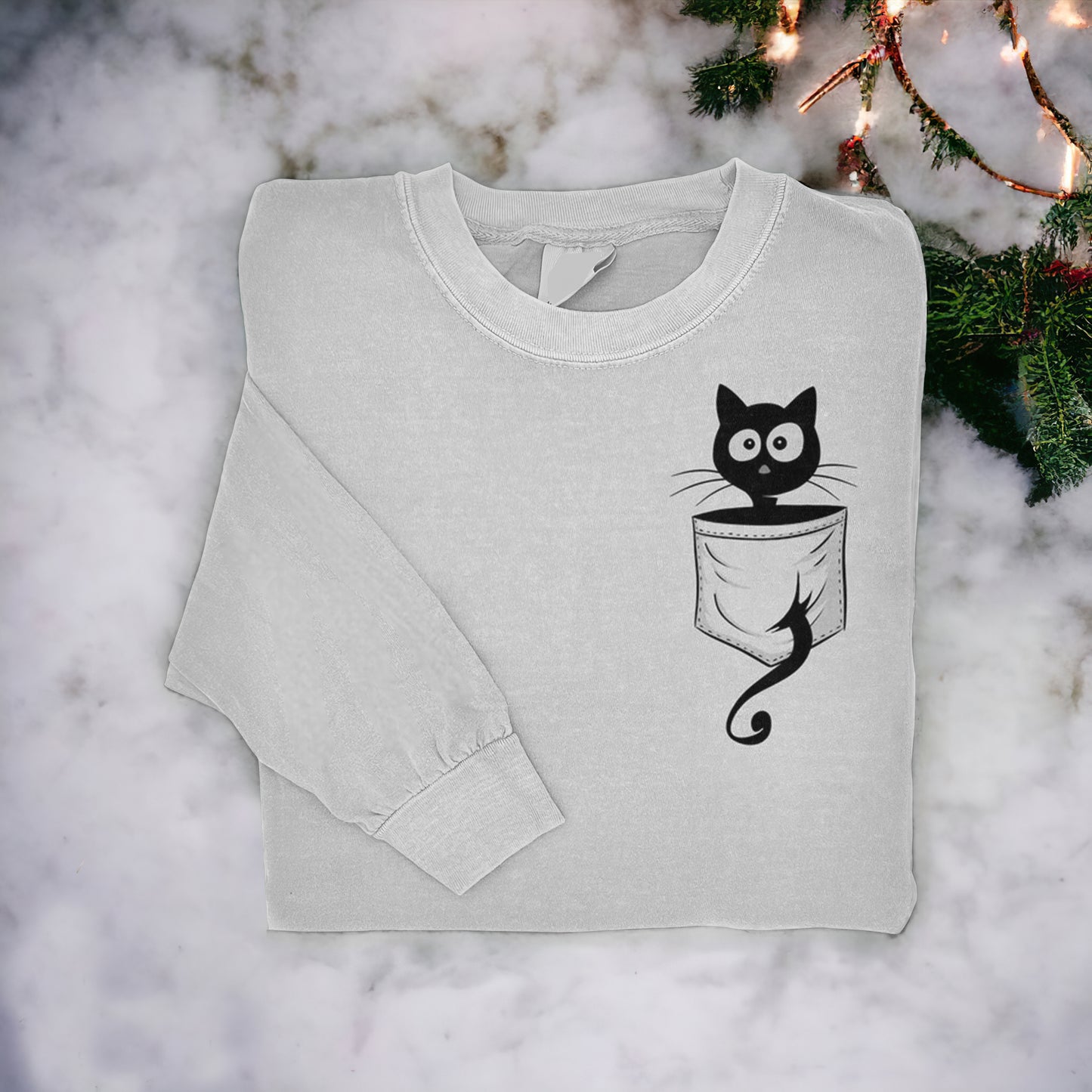 Abstract Creative Cute Staring Black Cat Kitty In Pocket Art Printed T-Shirt elevenforest