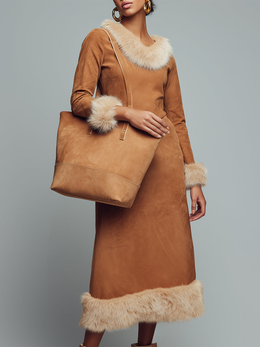 Fashionable Western Style Faux Fur Stitching Brown Faux Suede Midi Dress