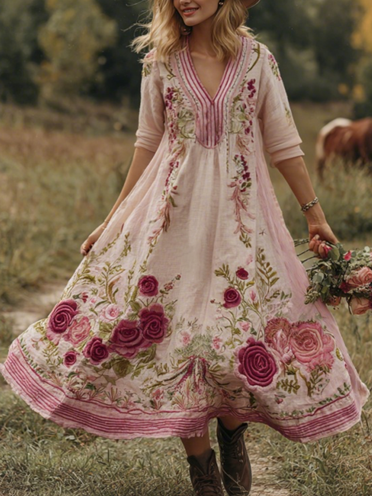 Classy Gradient Pink Roses And Striped Embroidered Linen Maxi Dress artswardrobe